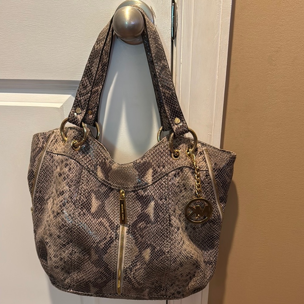 Michael Kors Brown and Gold Shoulder Bag with Snake Print